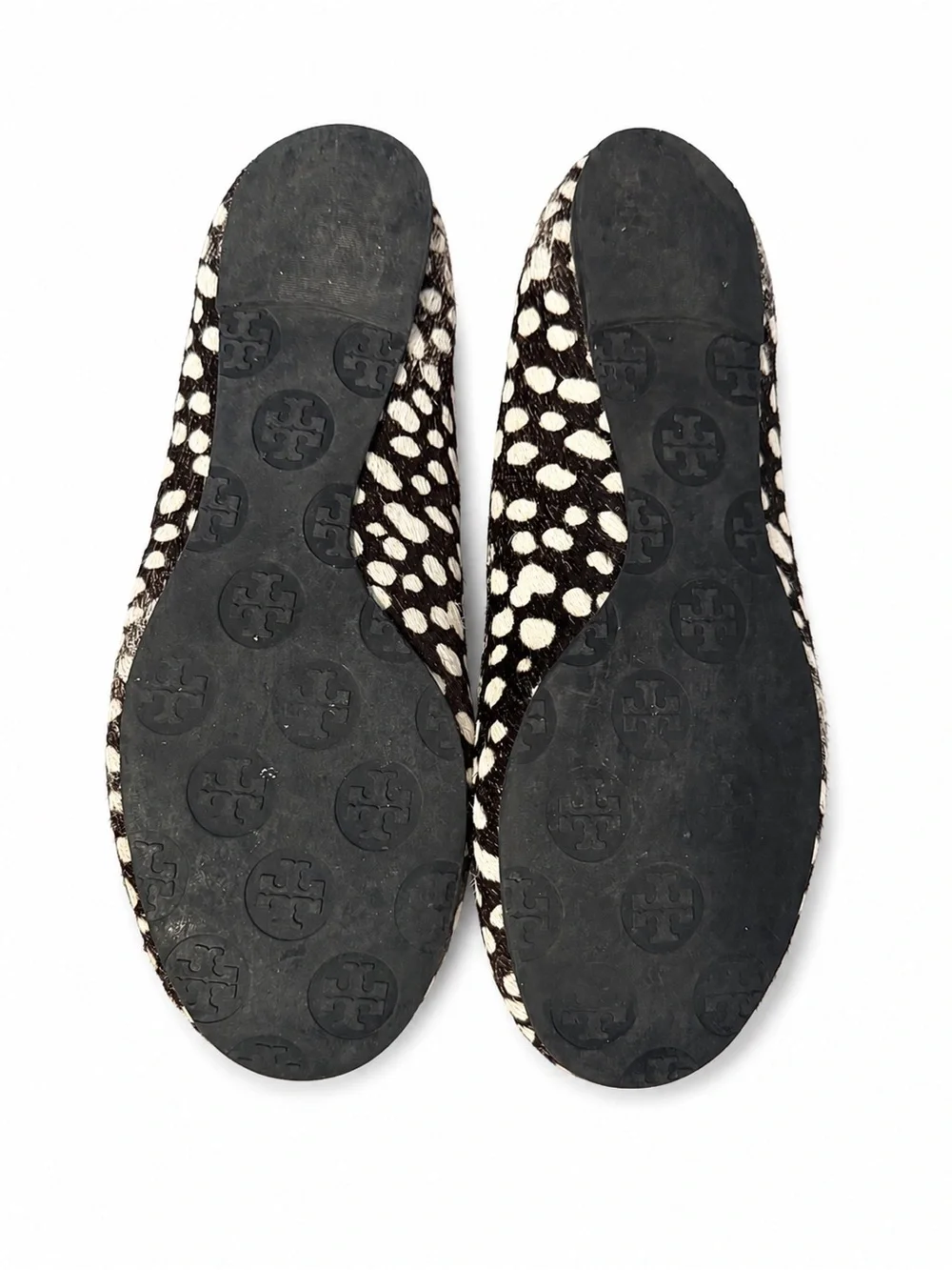 Tory Burch Brown & White Calf Hair Logo Medallion Flats